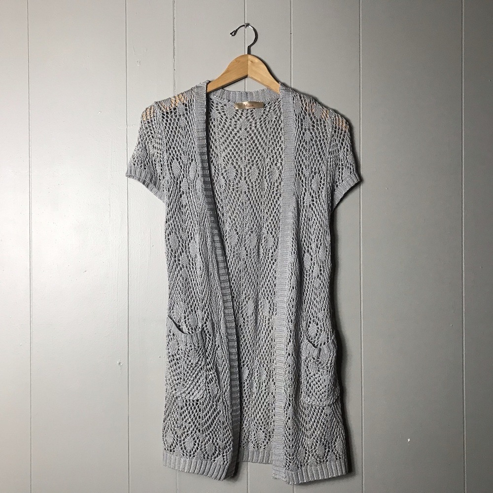 MIUSE GRAY LOOSE CROCHET KNIT OPEN FRONT CARIGAN POCKETS Y2K WOMENS MEDIUM